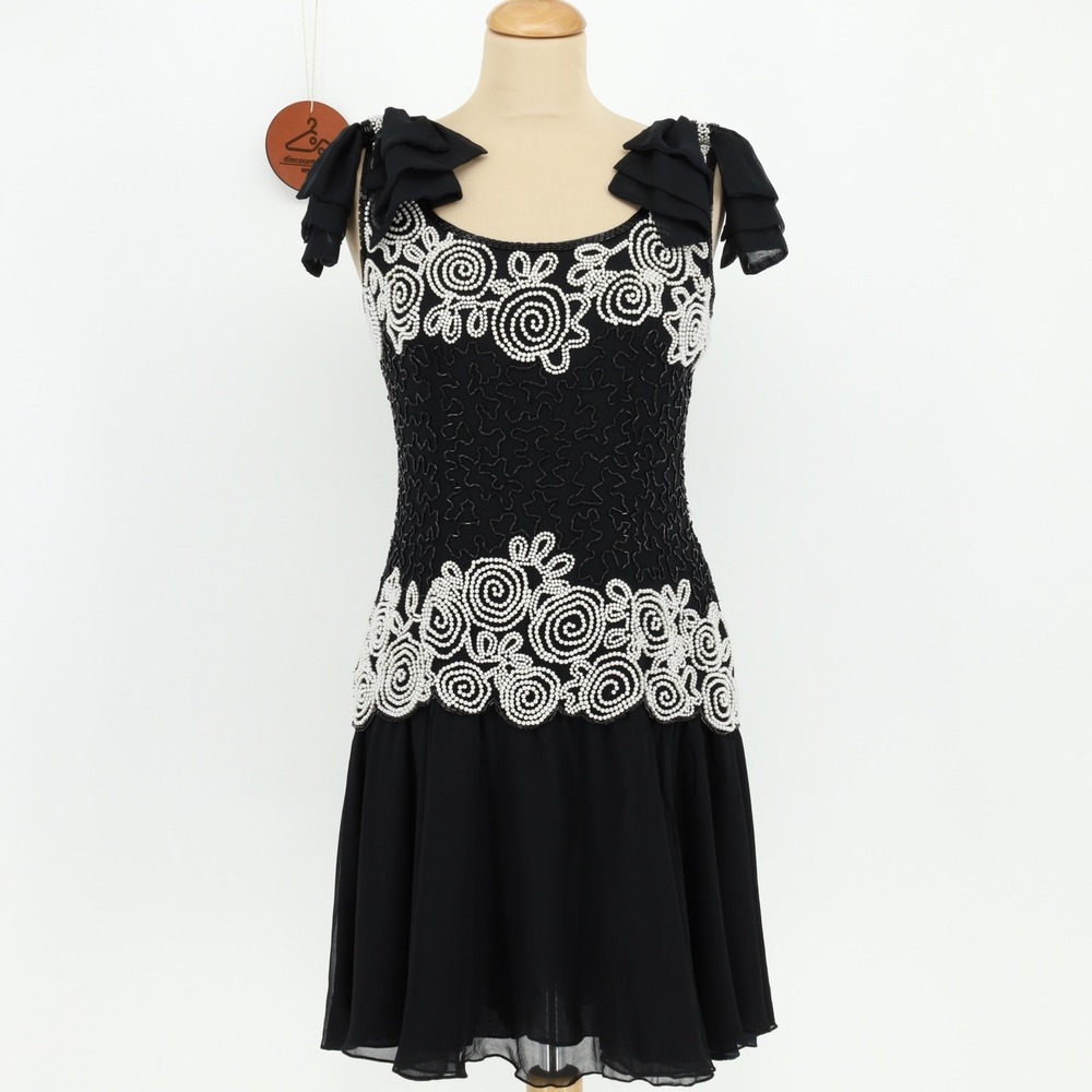 Kathryn Conover by Night Black Silk Beaded Pearl Flapper Cocktail Dress Size‎ 10